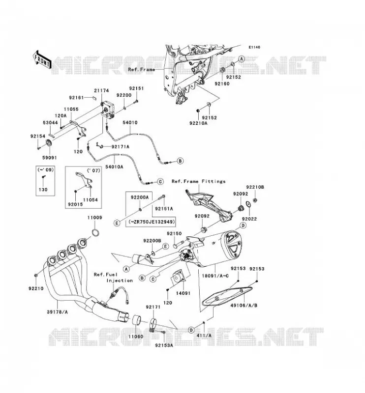 &Eacute;CHAPPEMENT Kawasaki MOTOS 750 2007 Z750 ABS  ZR750M7F