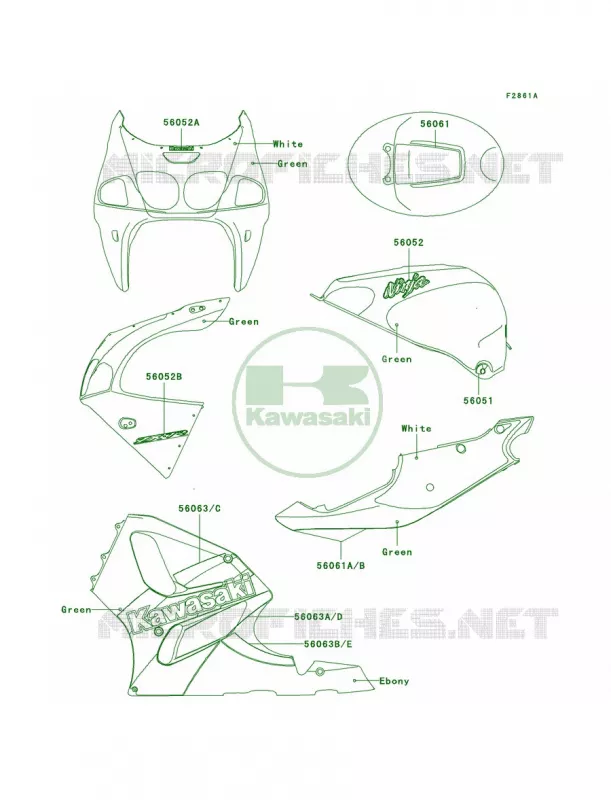 DecalsGreenZX750-P5 Kawasaki MOTOS 750 2002 Ninja ZX-7R  ZX750-P7